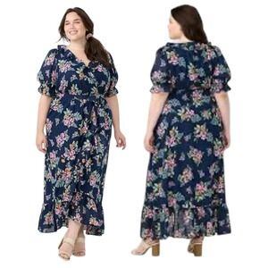 Lauren Conrad Blue 100% Cotton Floral‎ Ruffled Wrap Maxi Dress Cottage Core XXL
